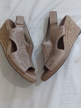 Clarks Beige Perforated Wedge Sandals with Espadrille Sole
